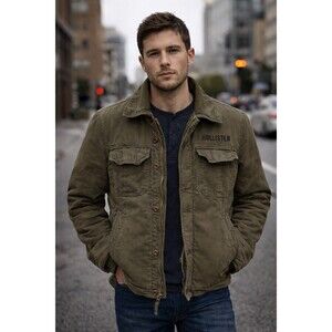 Vintage Hollister Y2K Military Jacket Mens Green Deep Pile Sherpa Liner Heavy S